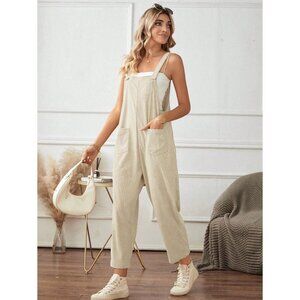 Boho overalls with pockets casual wide leg jumpsuit cream